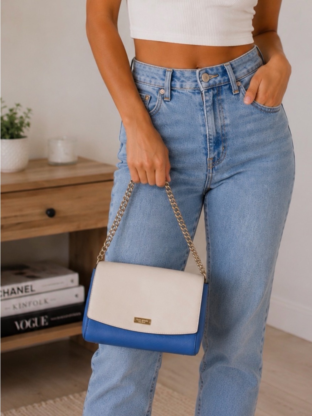 Kate Spade Blue and Cream Shoulder Bag with Gold Hardware